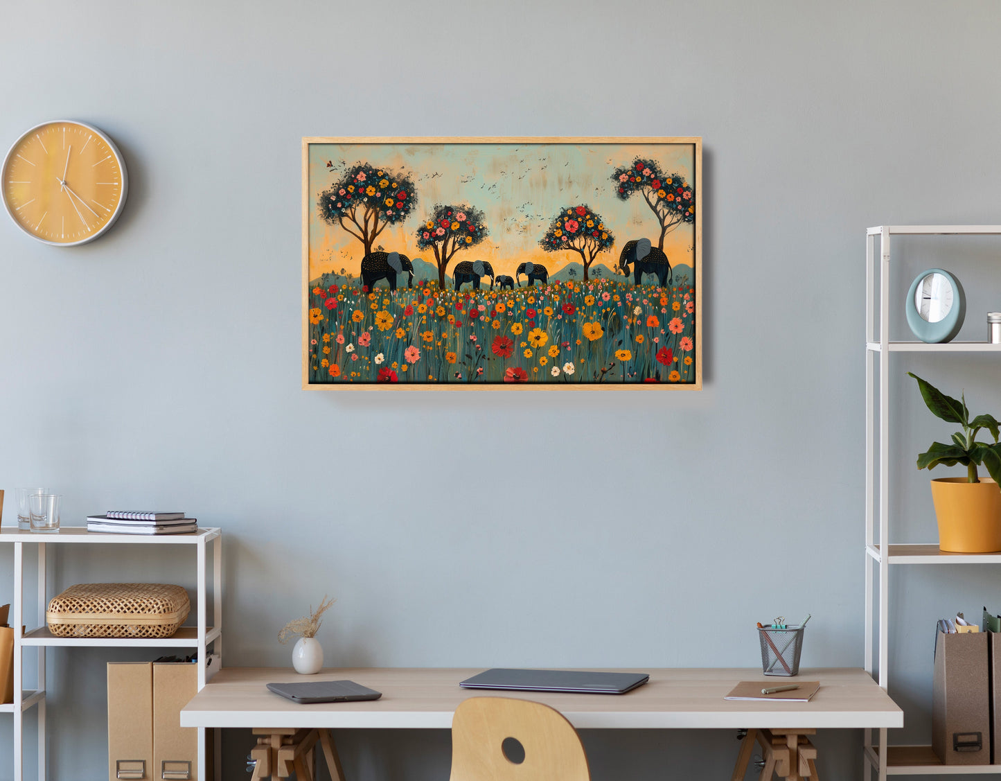 Elephants Under Flower Trees African American canvas print view 54