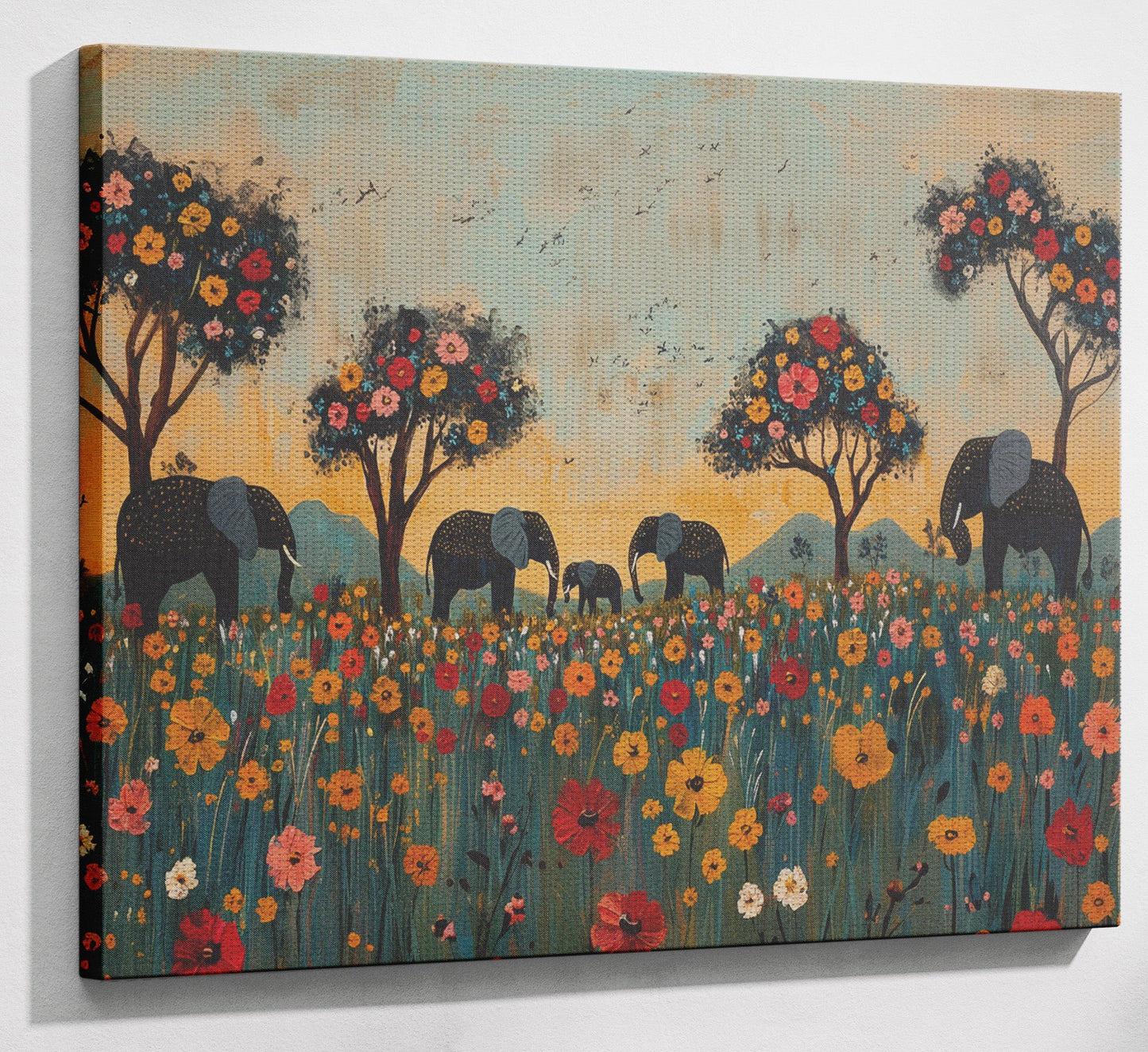 Elephants Under Flower Trees African American canvas print view 13