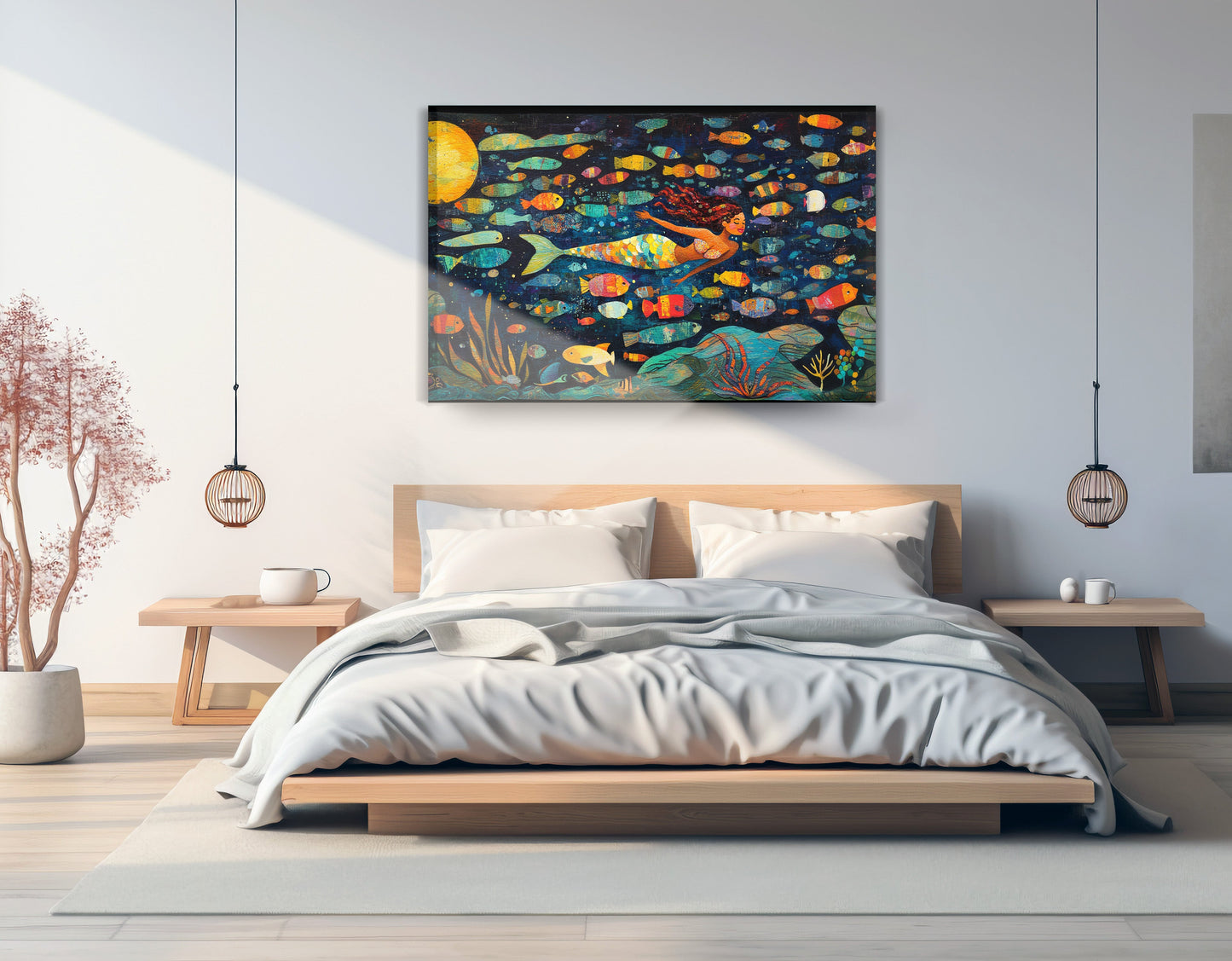 Black Mermaid Swimming with Fish African American canvas print displayed as bedroom wall decor