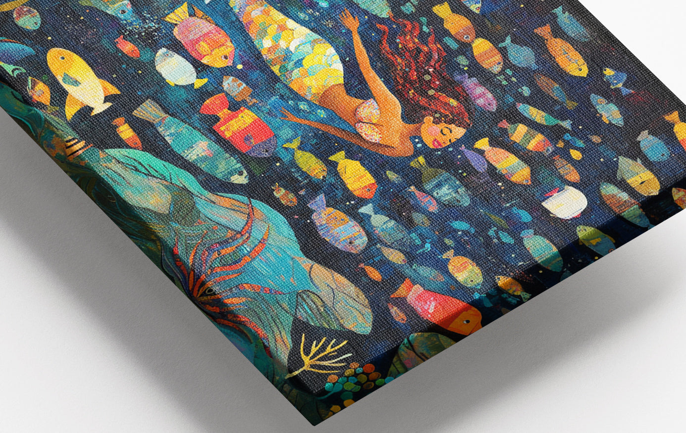Close-up of Black Mermaid Swimming with Fish African American canvas print detail