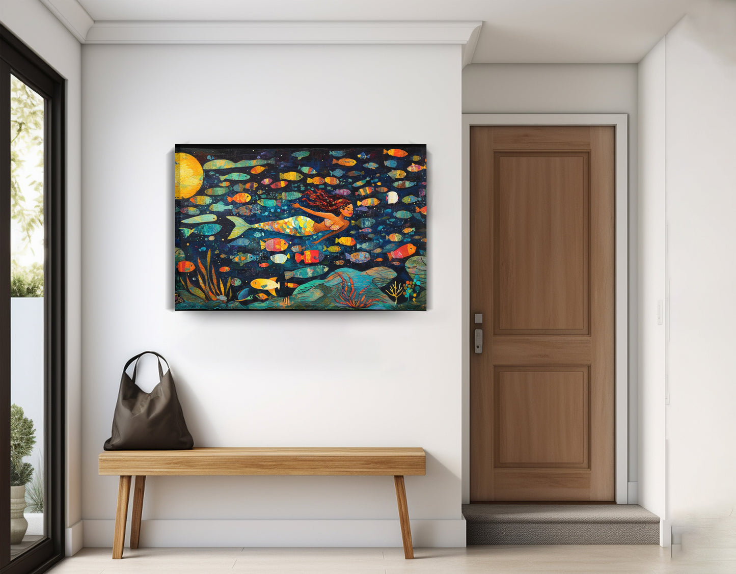 Black Mermaid Swimming with Fish African American canvas print displayed as entryway wall decor