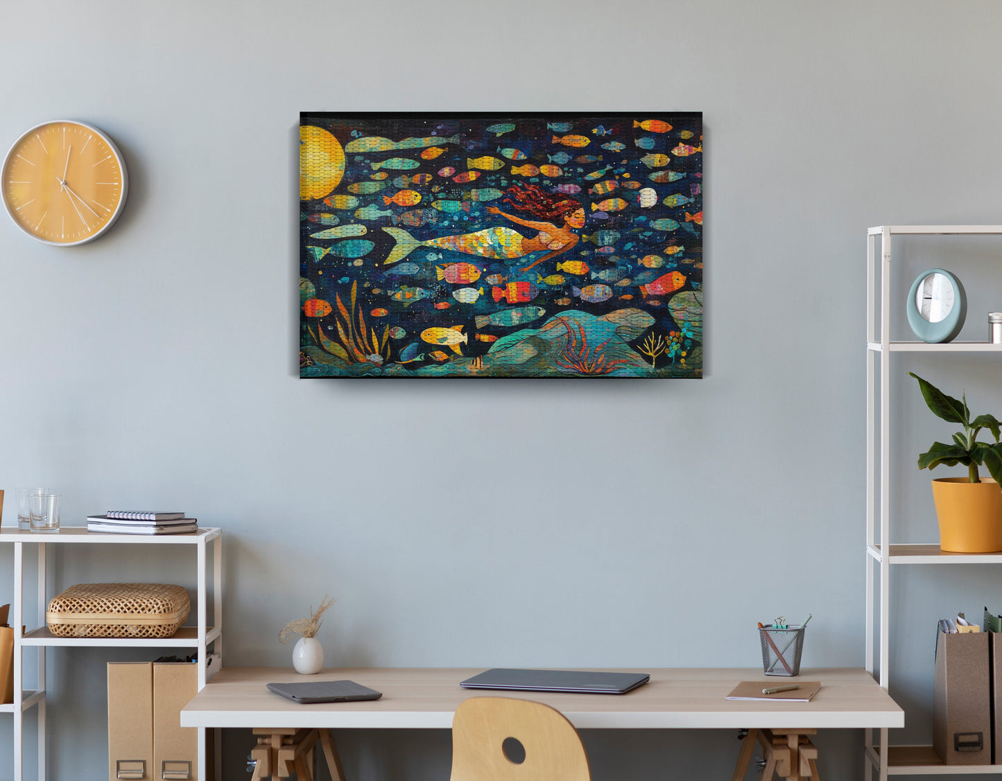 Black Mermaid Swimming with Fish African American canvas print displayed as office wall decor