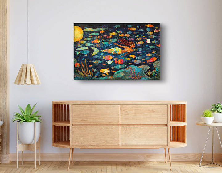 Black Mermaid Swimming With Fish Wall Art