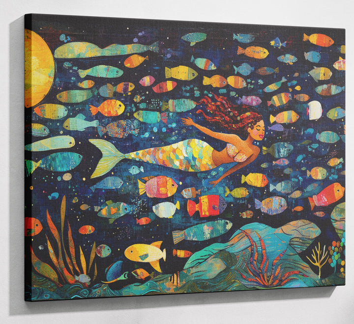 Black Mermaid Swimming with Fish African American canvas print canvas print with visible wall art format