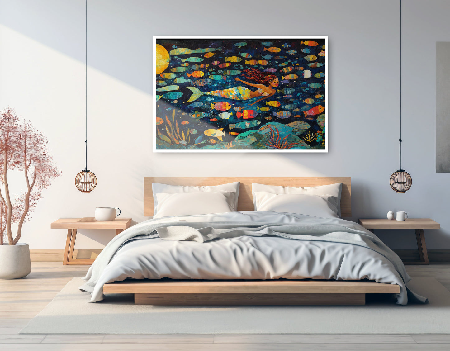 Black Mermaid Swimming with Fish African American canvas print artwork view