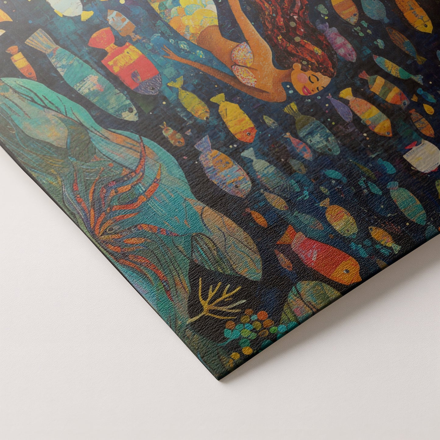 Black Mermaid Swimming with Fish African American canvas print artwork by MoomZee Artwork