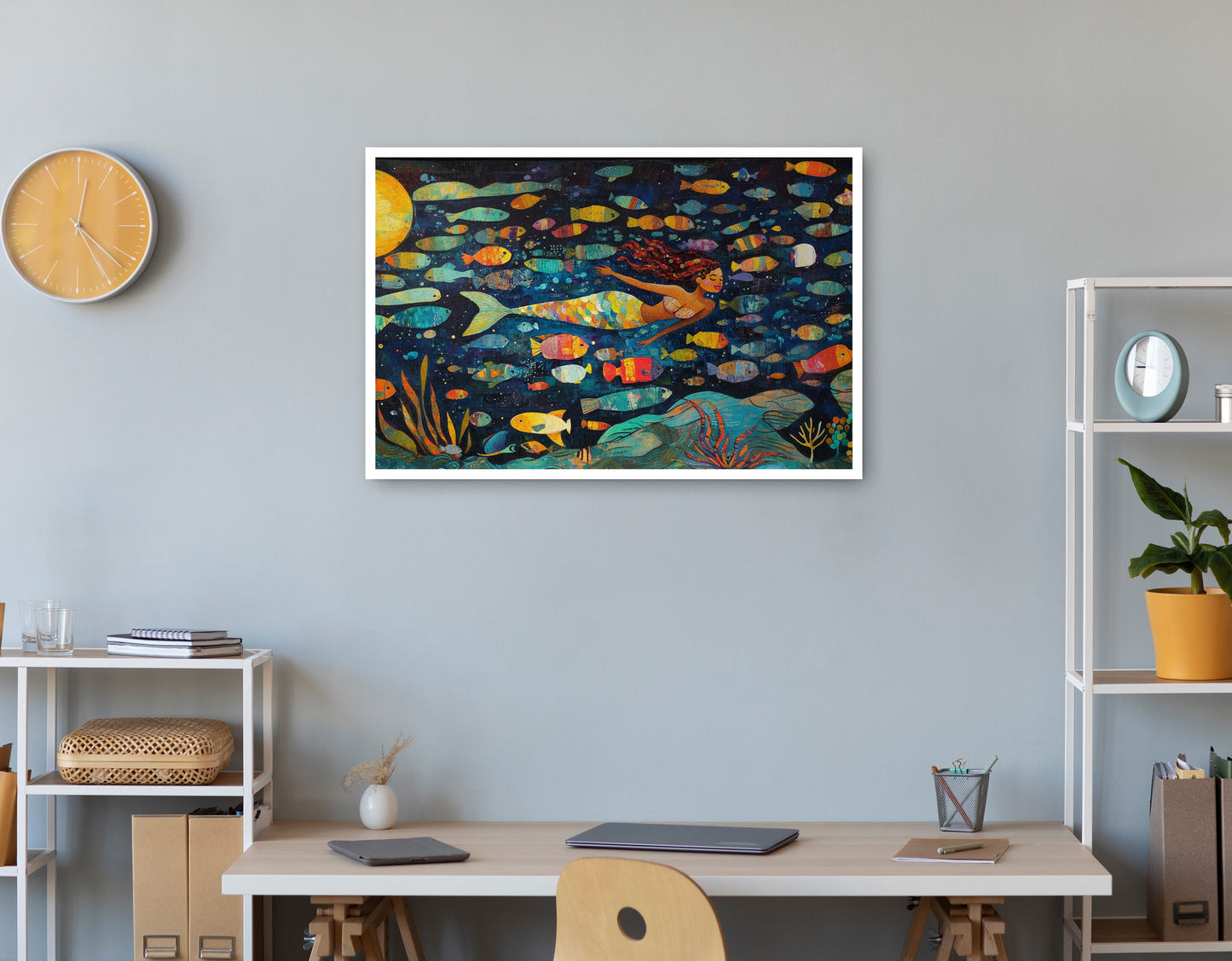 Black Mermaid Swimming with Fish African American canvas print print view