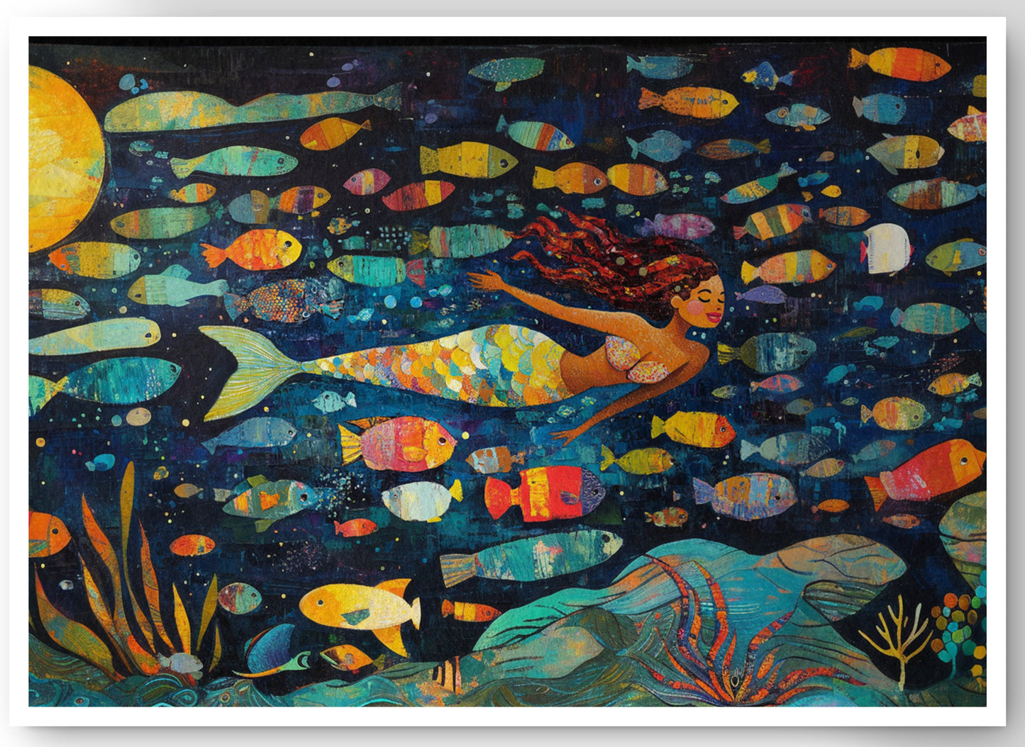 Black Mermaid Swimming with Fish African American canvas print by MoomZee Artwork