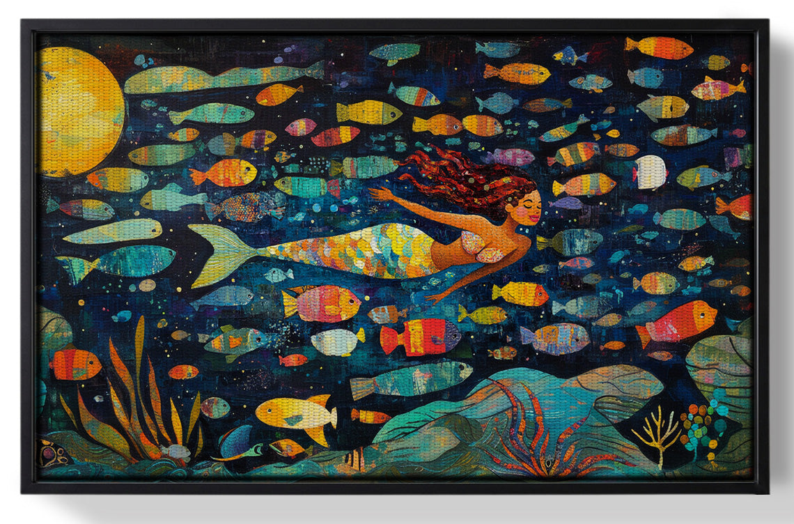 Framed Black Mermaid Swimming with Fish African American canvas print for home decor
