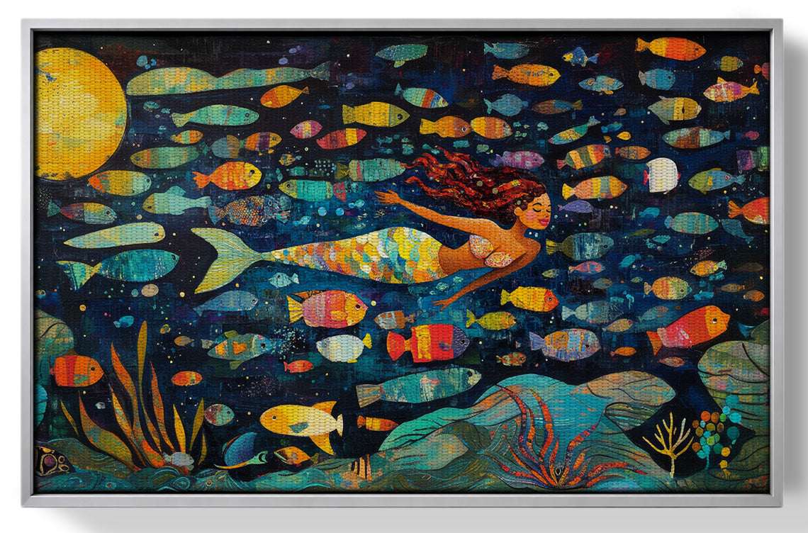 Black Mermaid Swimming with Fish African American canvas print view 55