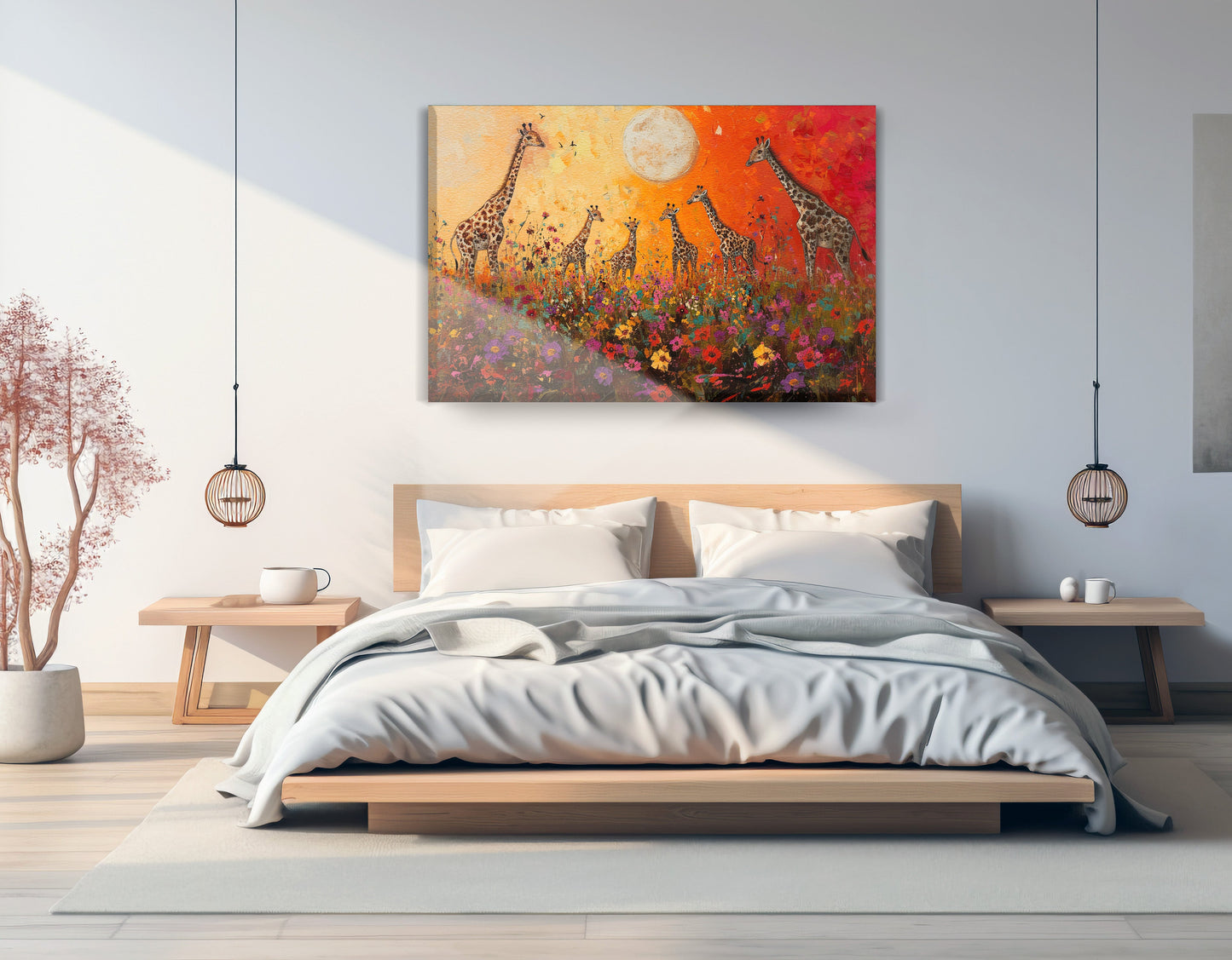 Giraffe Family Sunset African American canvas print displayed as bedroom wall decor
