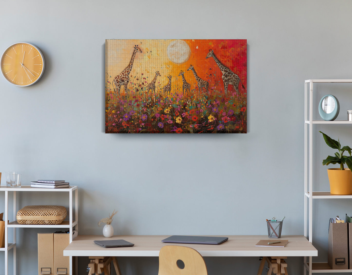 Giraffe Family Sunset African American canvas print displayed as office wall decor