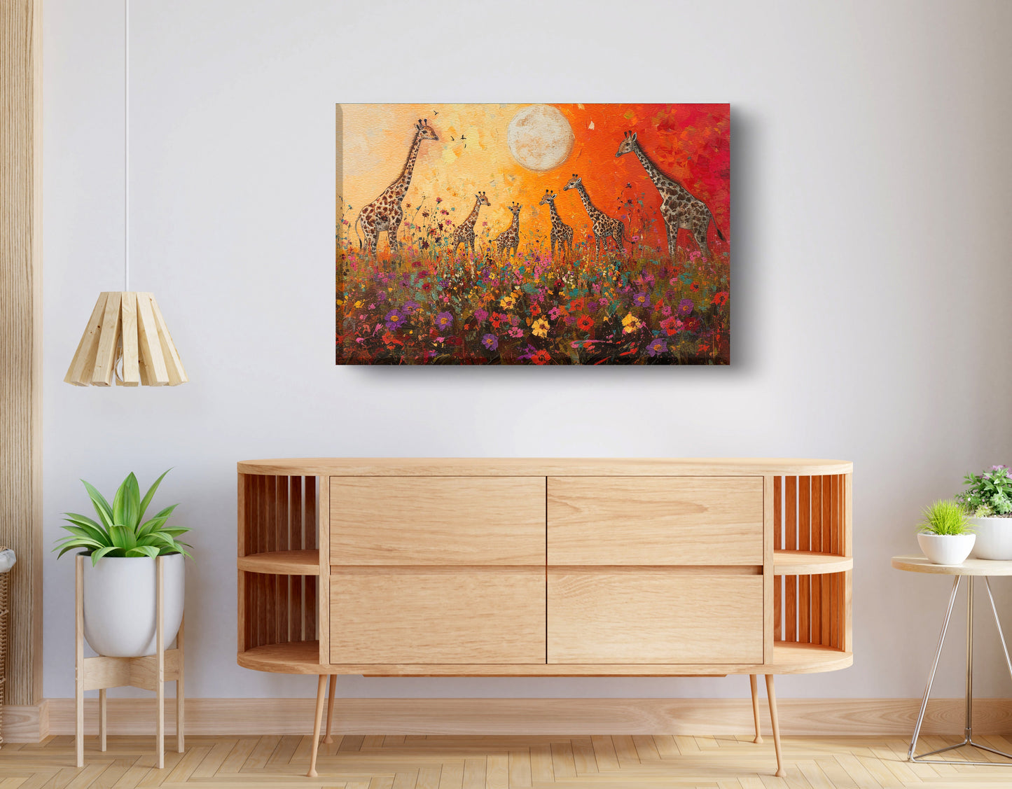 Giraffe Family Sunset African American canvas print displayed as living room wall decor