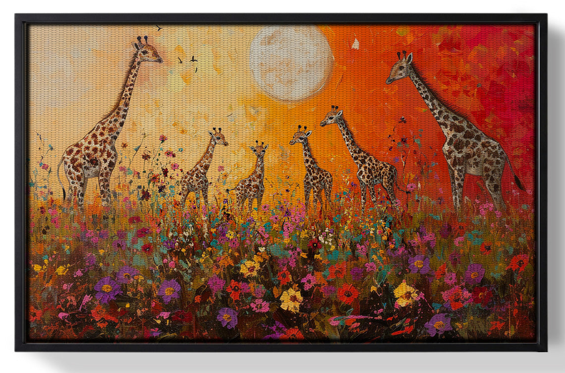 Framed Giraffe Family Sunset African American canvas print for home decor