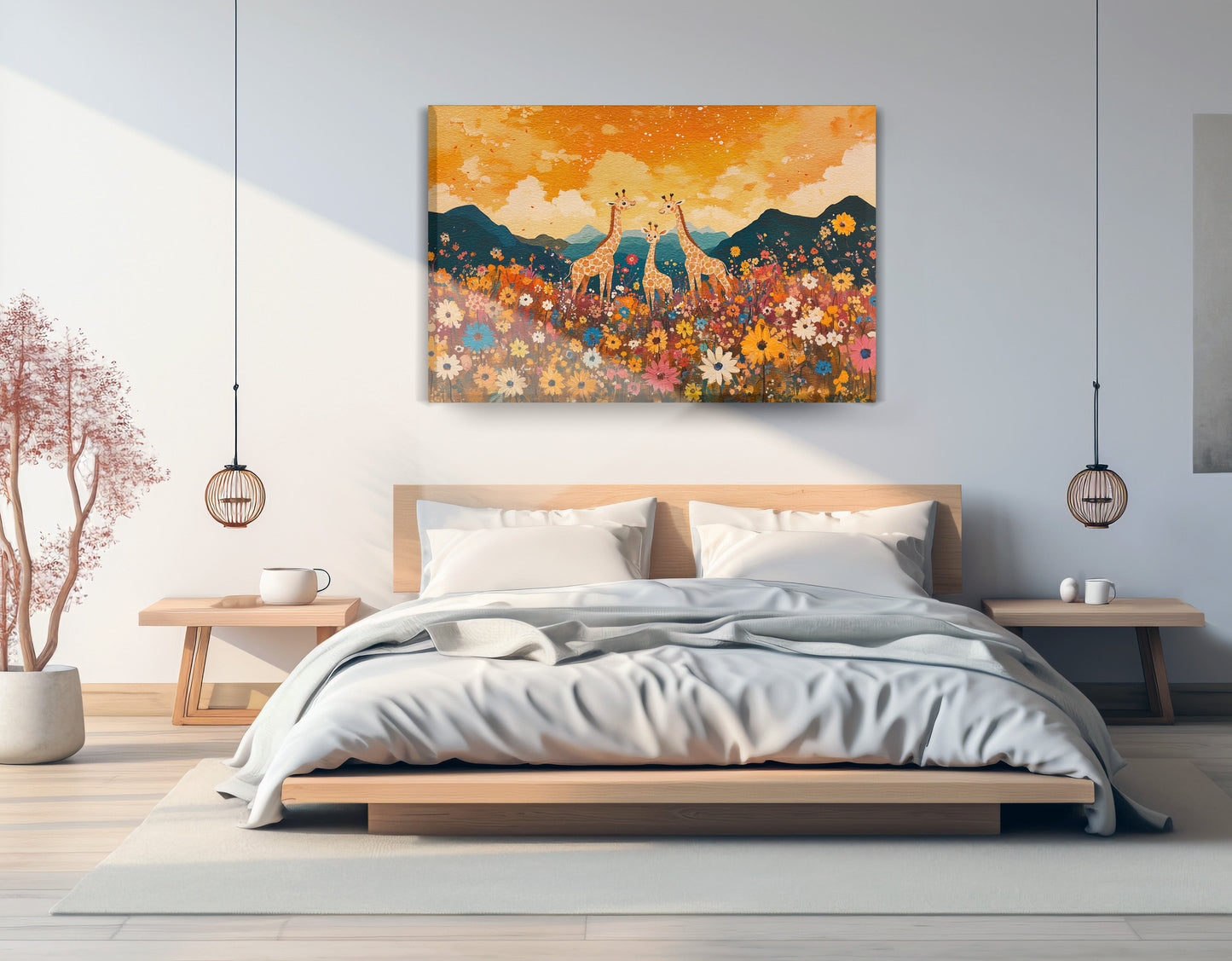 Giraffe Village Landscape African American canvas print displayed as bedroom wall decor