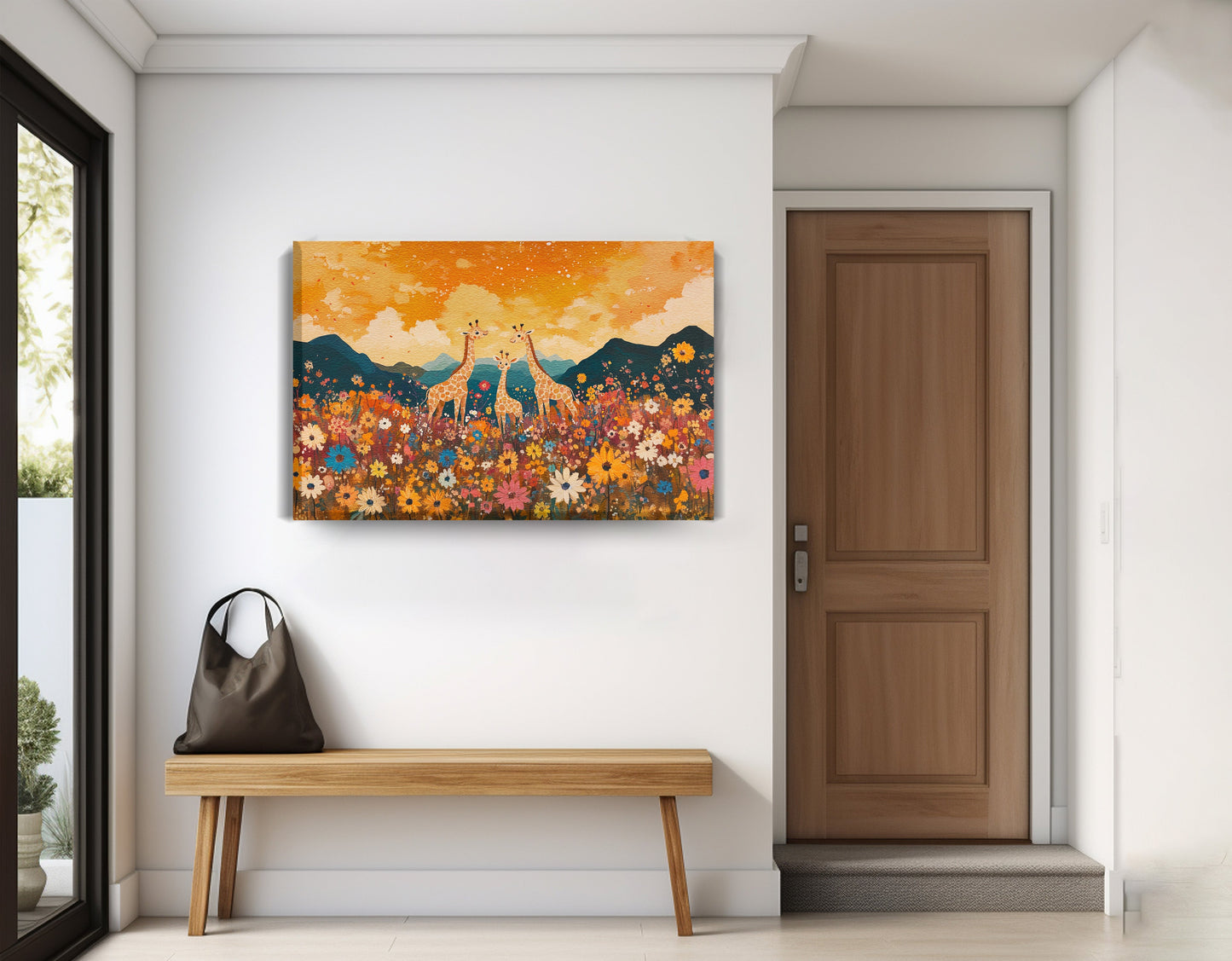 Giraffe Village Landscape African American canvas print displayed as entryway wall decor