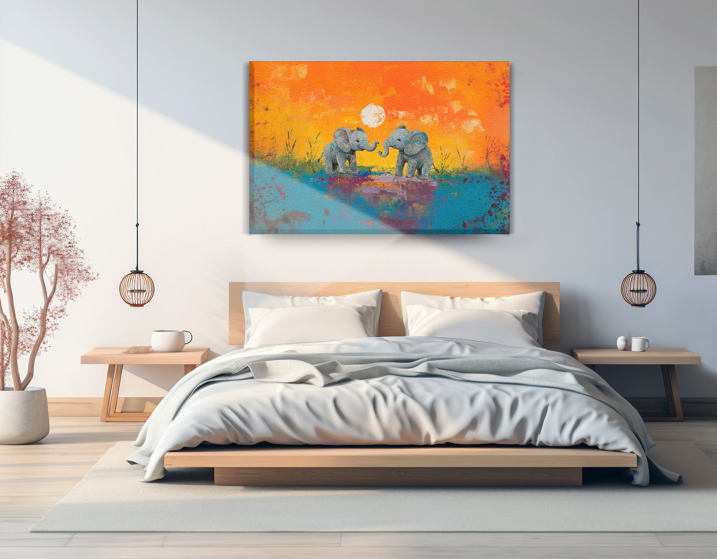 Baby Elephants Sunset Black children wall art displayed as bedroom wall decor