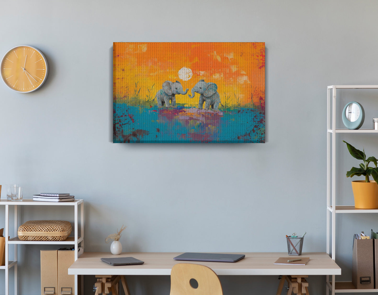 Baby Elephants Sunset Black children wall art displayed as office wall decor