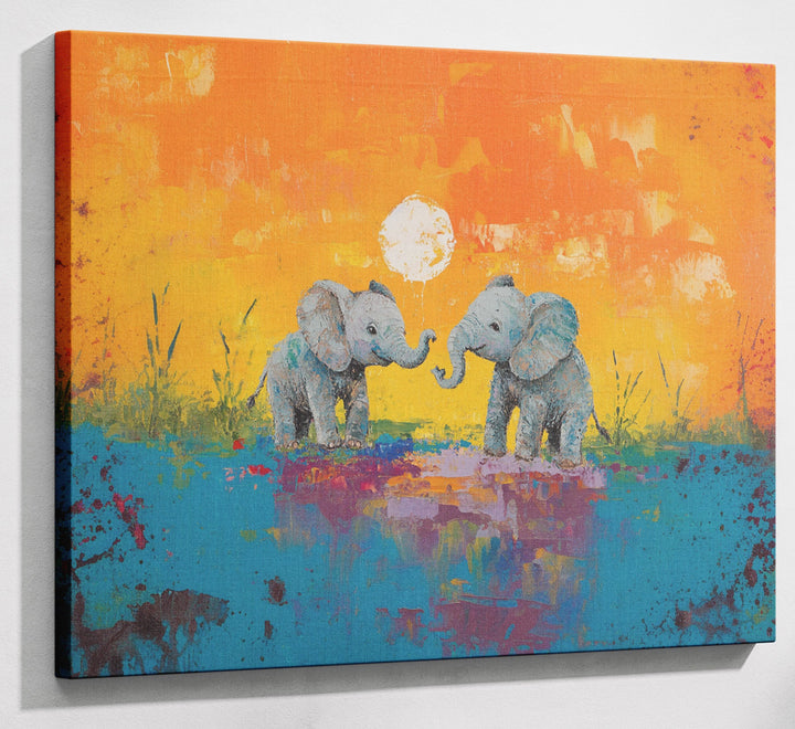 Baby Elephants Sunset Black children wall art canvas print with visible wall art format