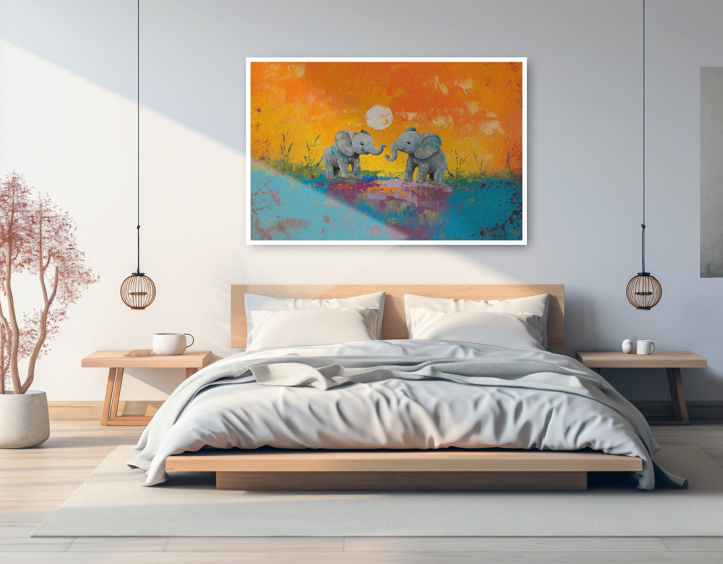 Baby Elephants Sunset Black children wall art artwork view