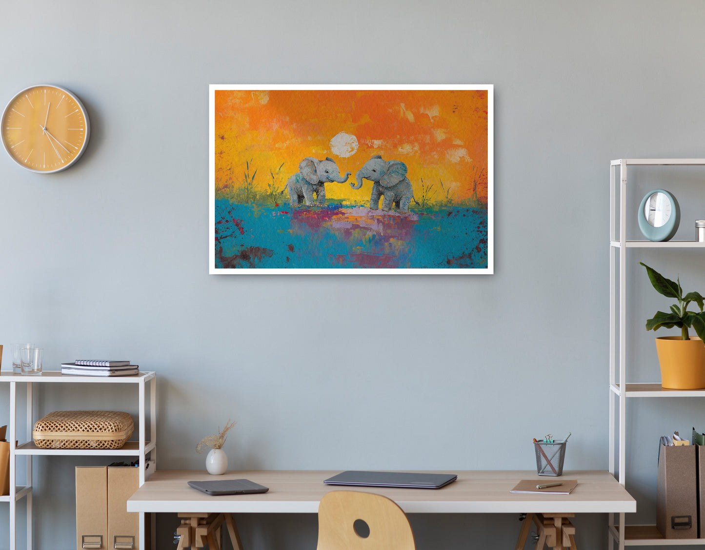 Baby Elephants Sunset Black children wall art print view