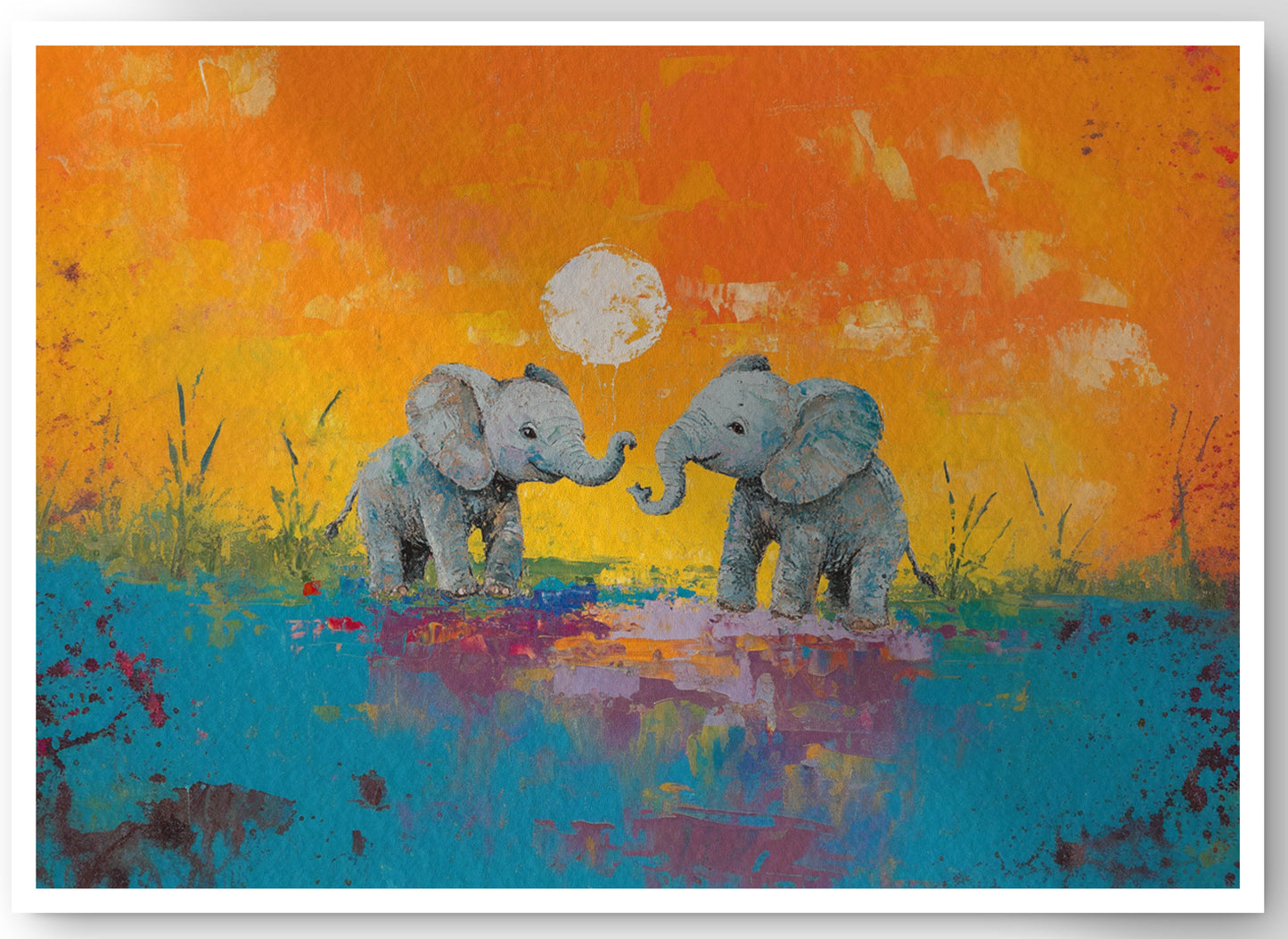 Baby Elephants Sunset Black children wall art canvas print by MoomZee Artwork