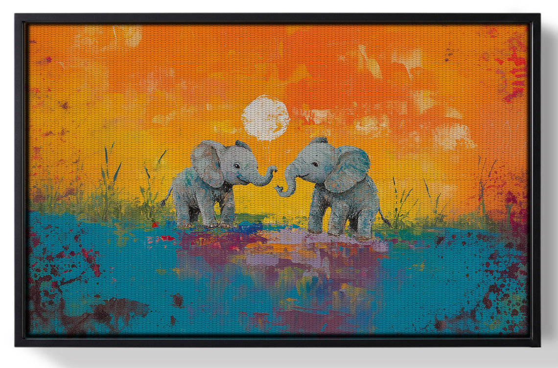 Framed Baby Elephants Sunset Black children wall art for home decor