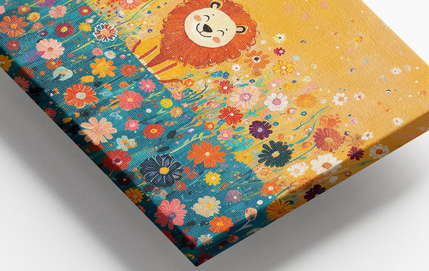 Close-up of Lion in Blooming Meadow Black African American canvas print detail