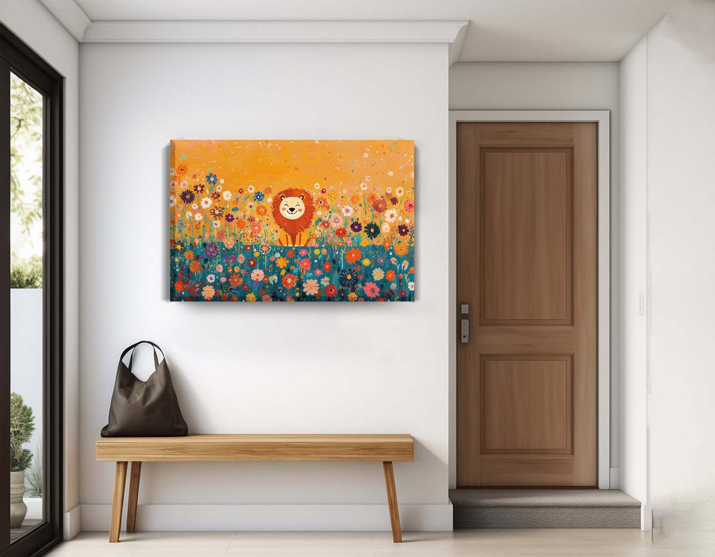 Lion in Blooming Meadow Black African American canvas print displayed as entryway wall decor