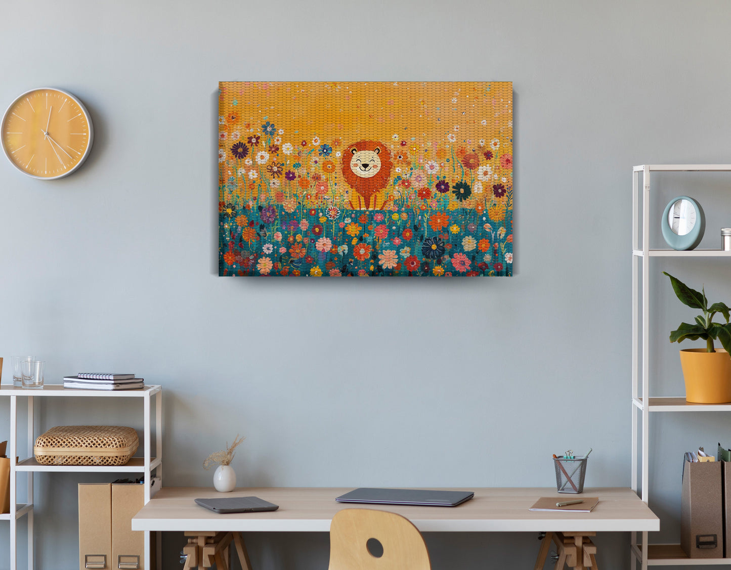 Lion in Blooming Meadow Black African American canvas print displayed as office wall decor