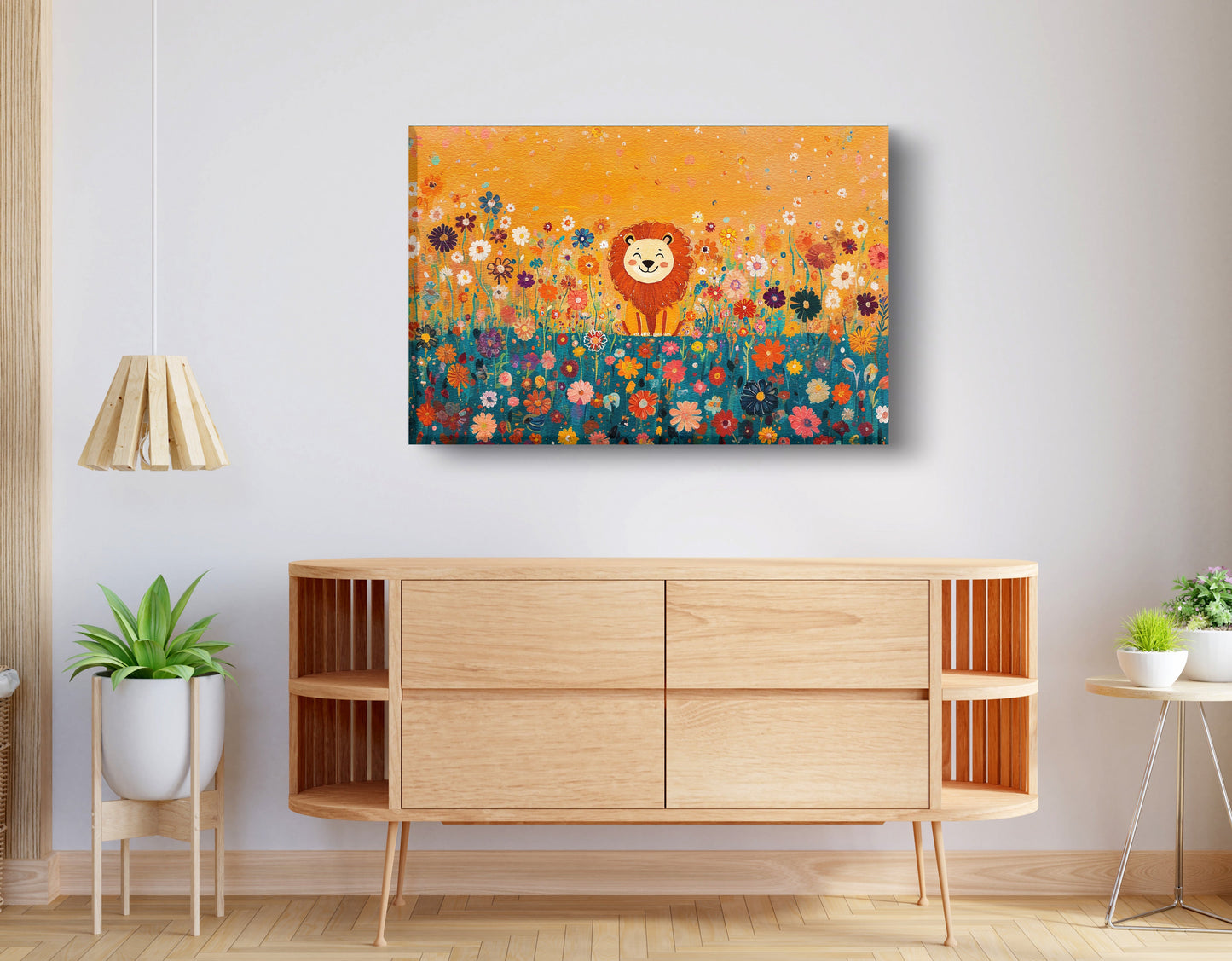 Lion in Blooming Meadow Black African American canvas print displayed as living room wall decor