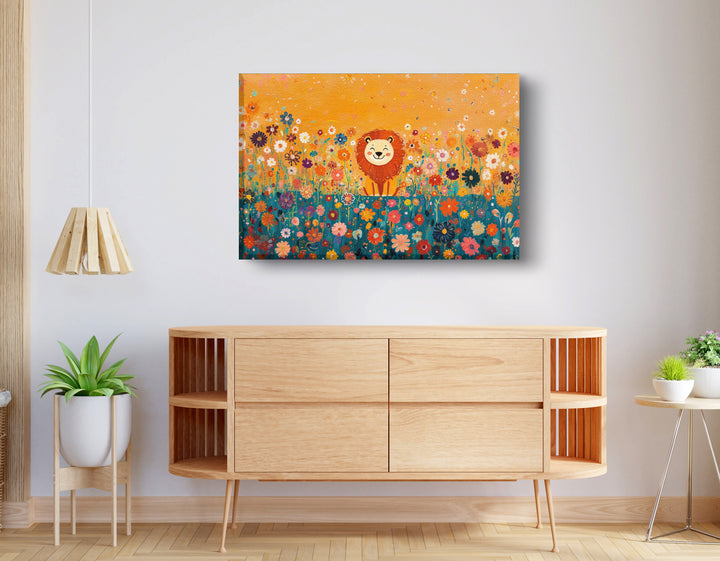 Lion in Blooming Meadow Black Wall Art