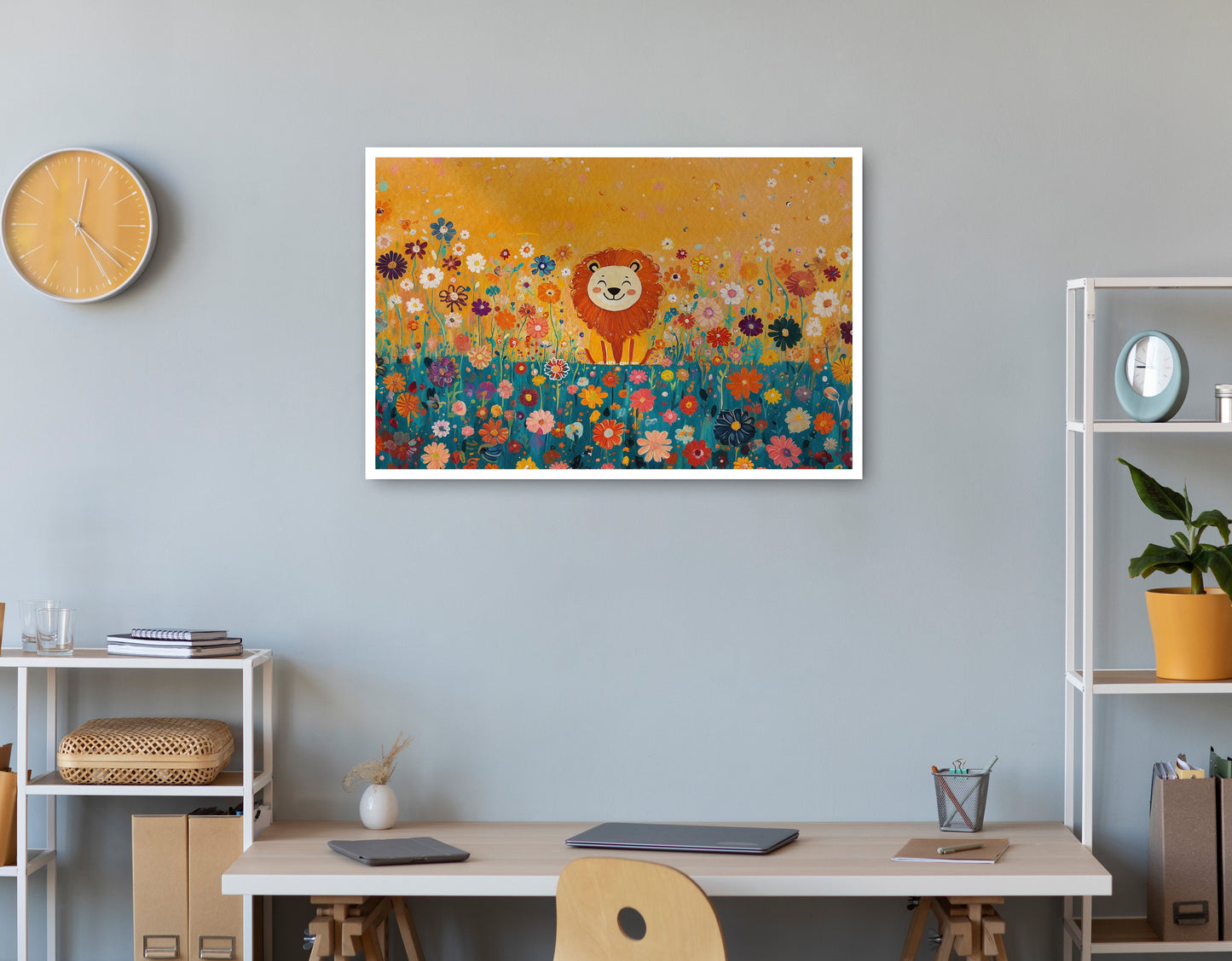 Lion in Blooming Meadow Black African American canvas print print view
