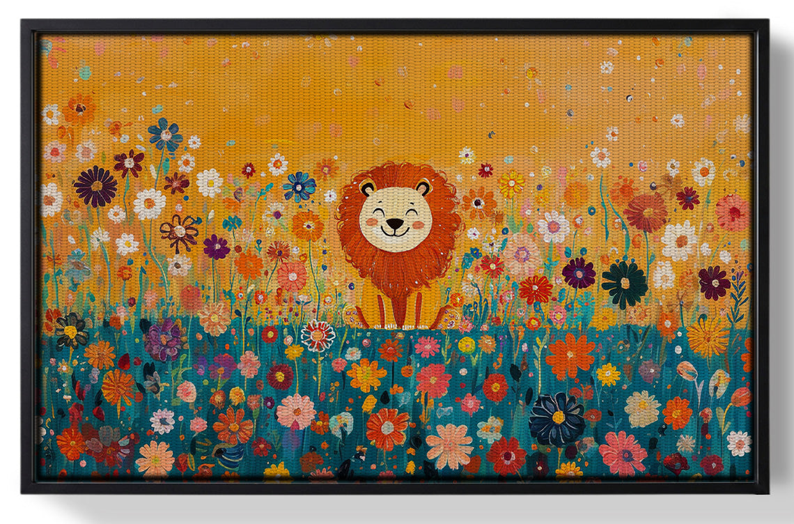 Framed Lion in Blooming Meadow Black African American canvas print for home decor