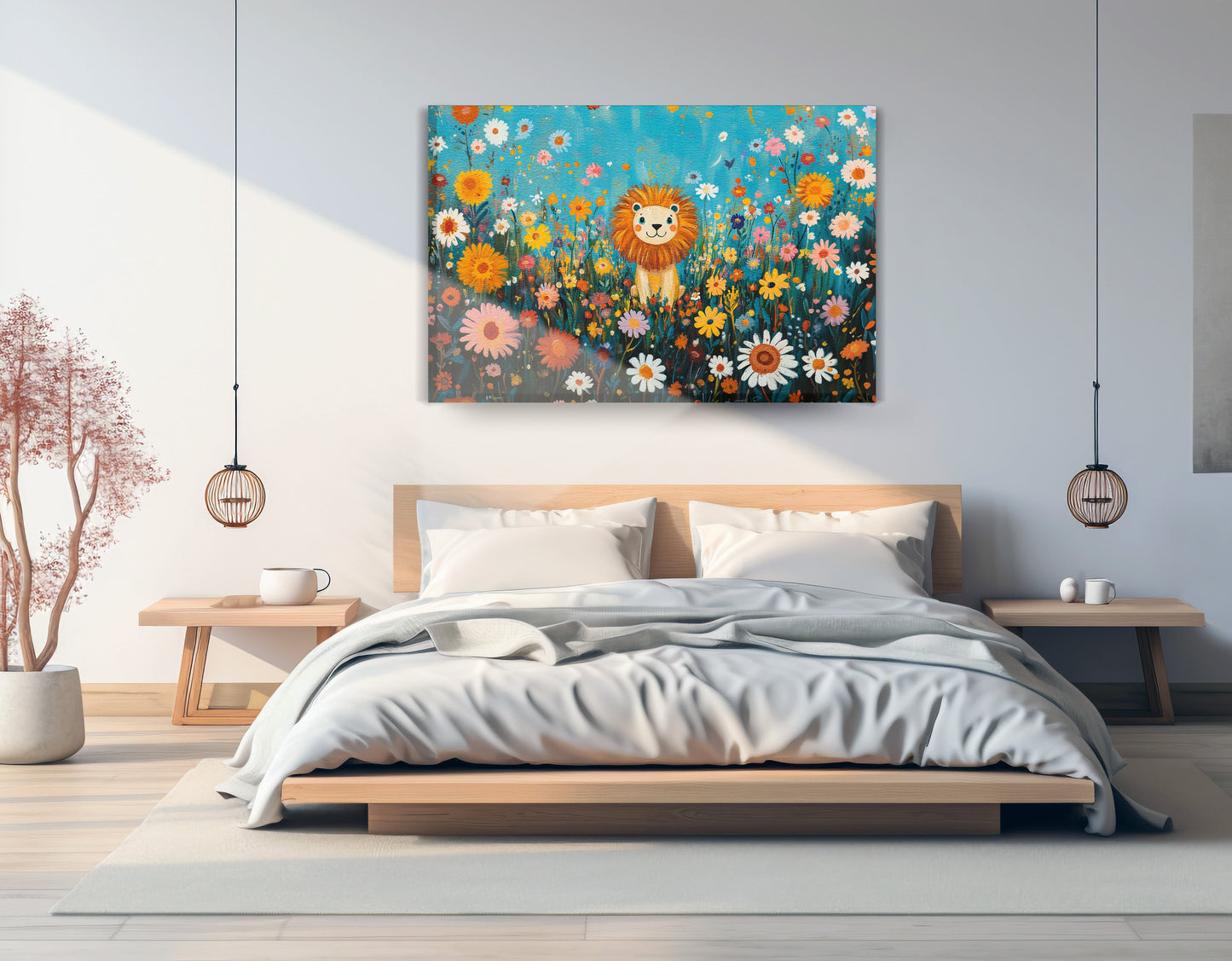 Happy Lion Floral African American canvas print displayed as bedroom wall decor