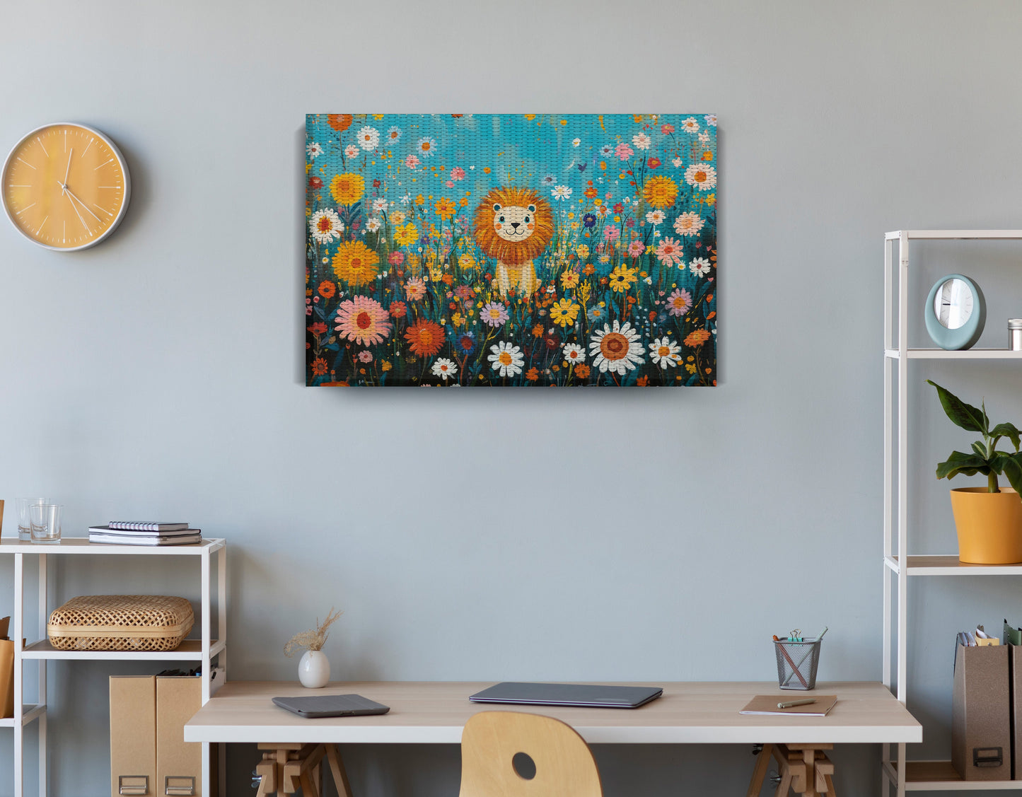 Happy Lion Floral African American canvas print displayed as office wall decor