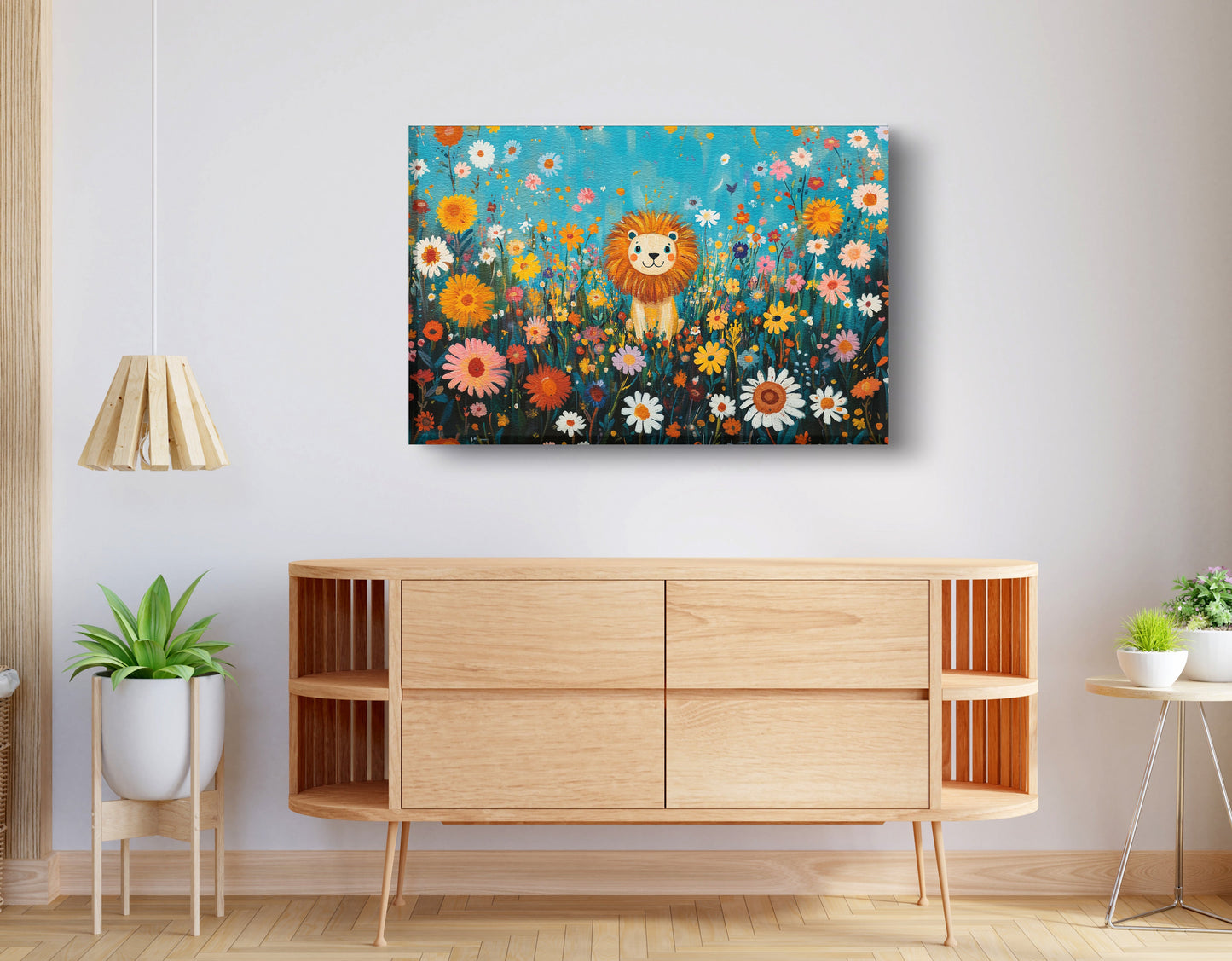 Happy Lion Floral African American canvas print displayed as living room wall decor