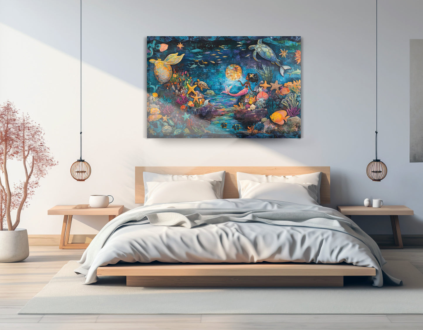 Black Mermaid Ocean Fantasy Caribbean wall art displayed as bedroom wall decor