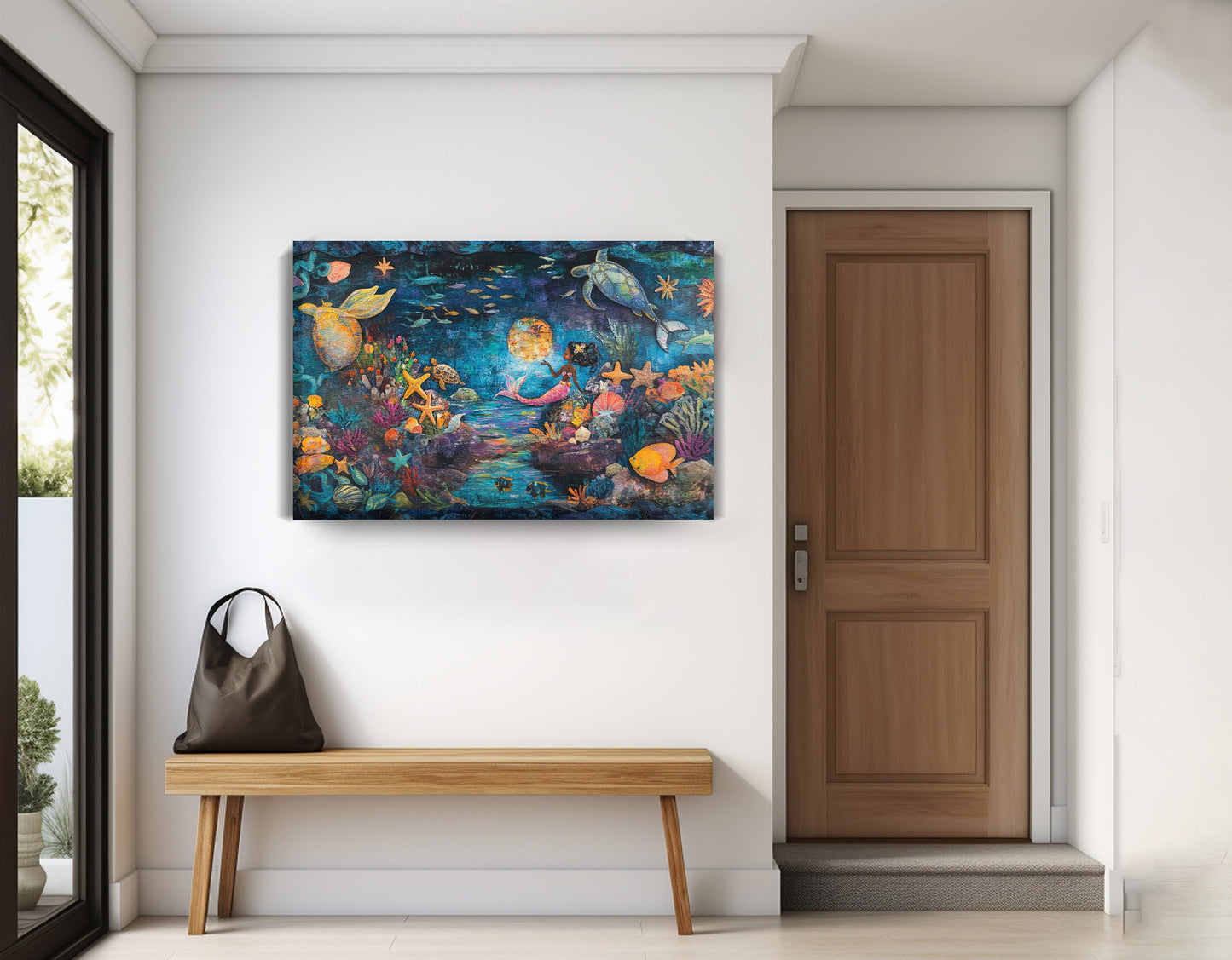 Black Mermaid Ocean Fantasy Caribbean wall art displayed as entryway wall decor