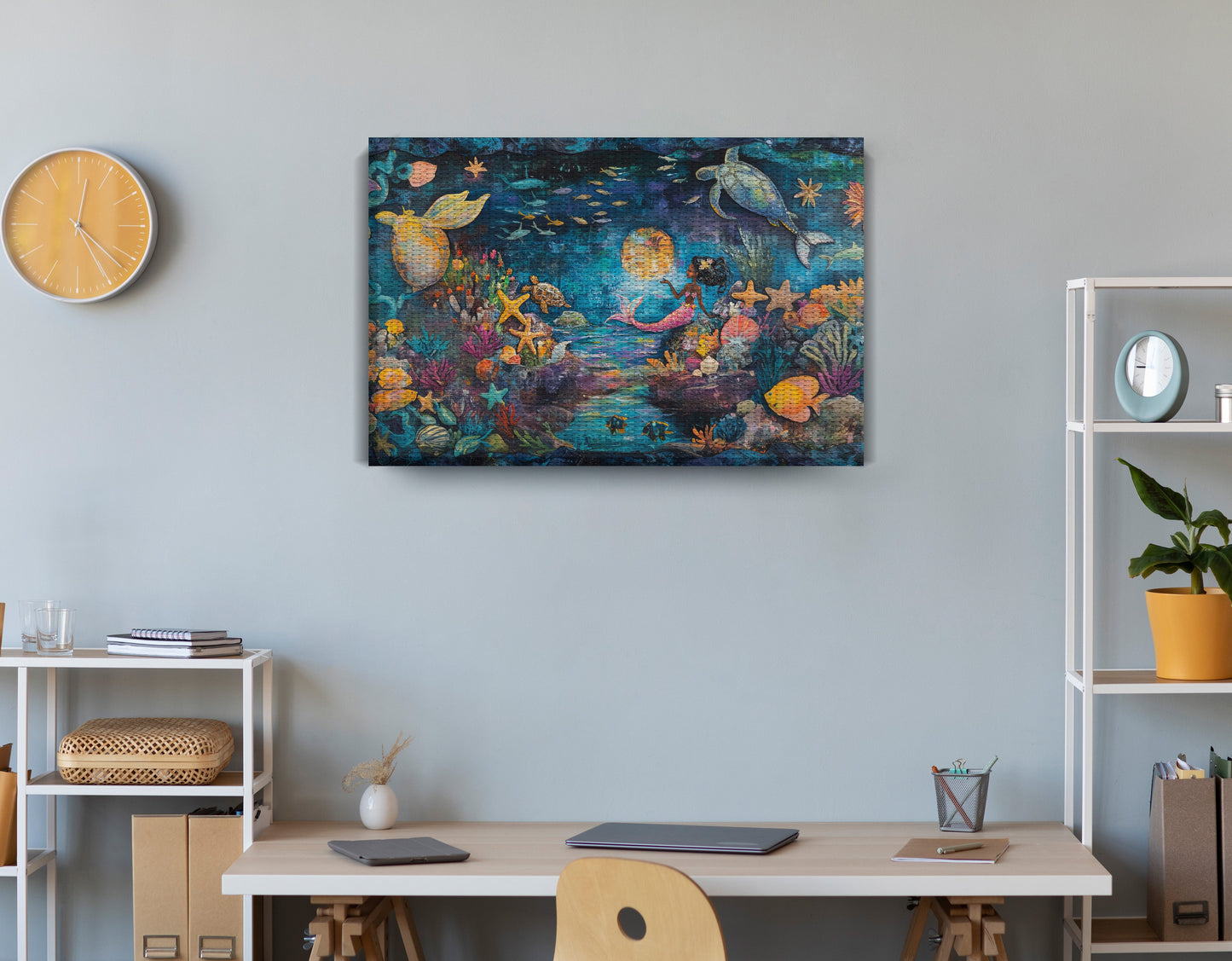 Black Mermaid Ocean Fantasy Caribbean wall art displayed as office wall decor
