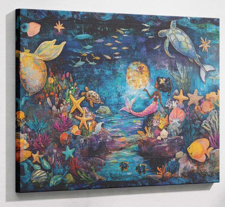 Black Mermaid Ocean Fantasy Caribbean wall art canvas print with visible wall art format