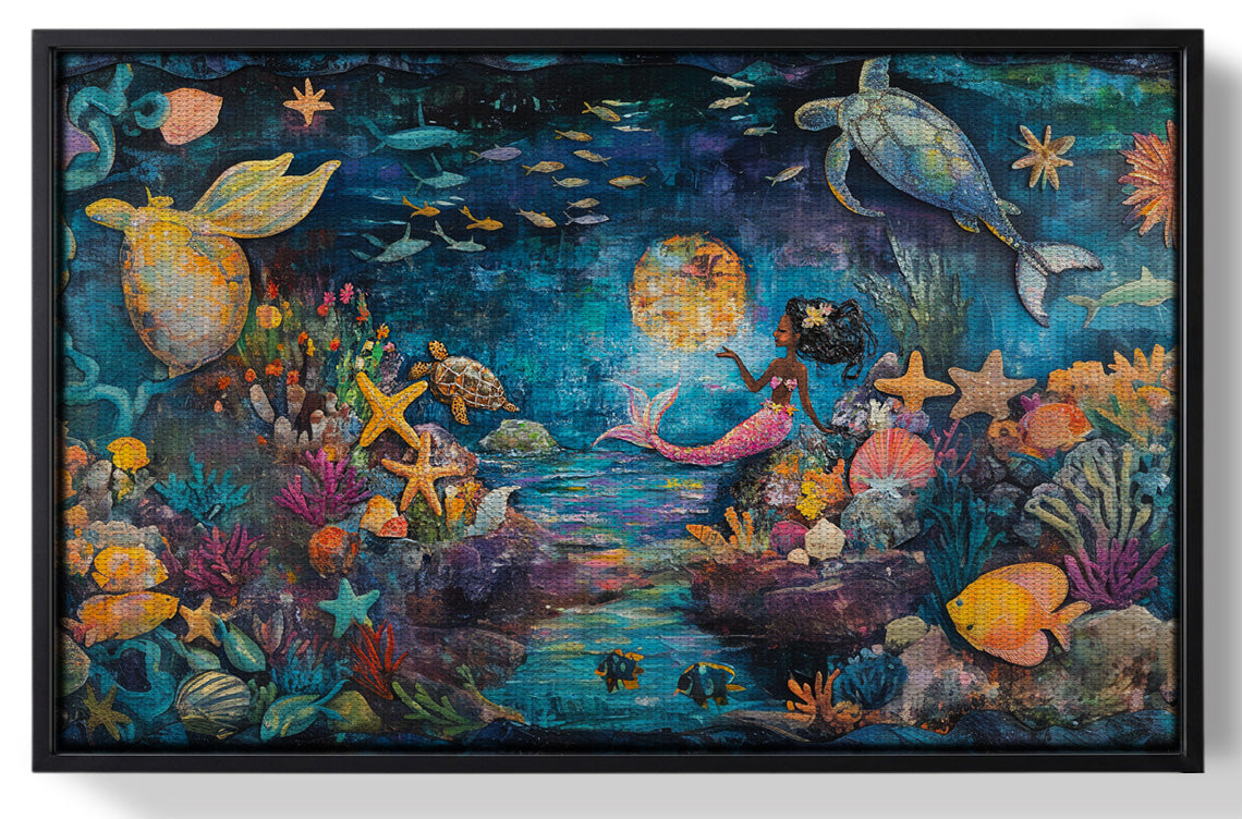 Framed Black Mermaid Ocean Fantasy Caribbean wall art for home decor