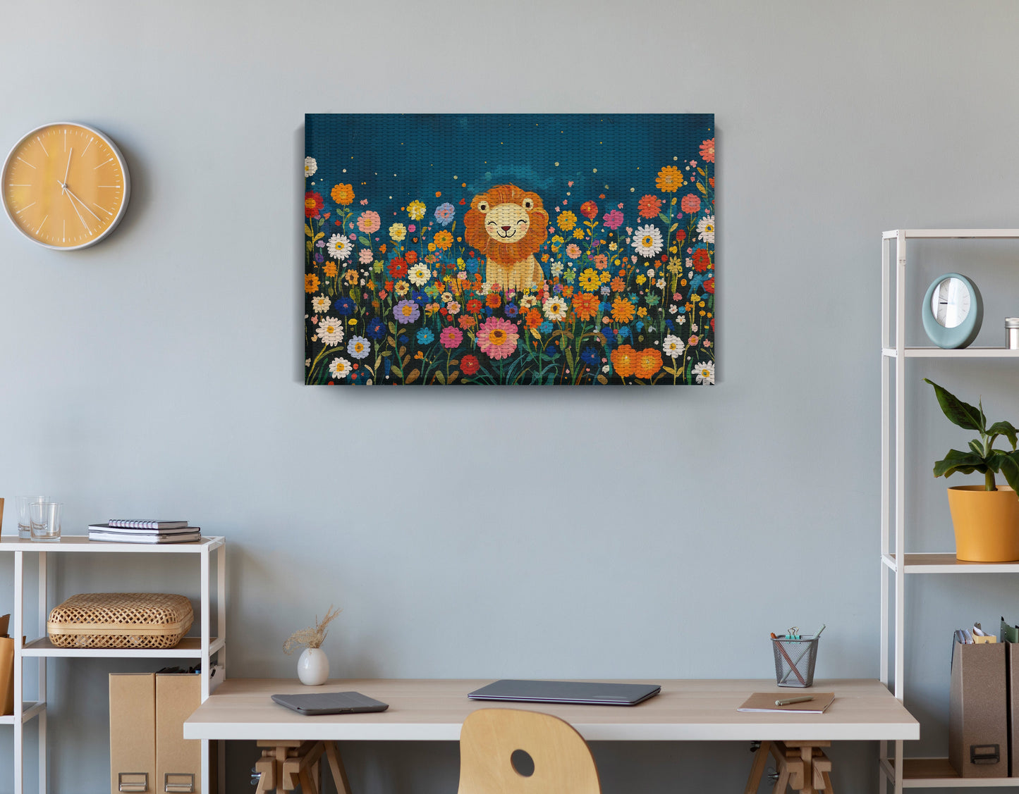 Lion Wildflower Garden African American canvas print displayed as office wall decor