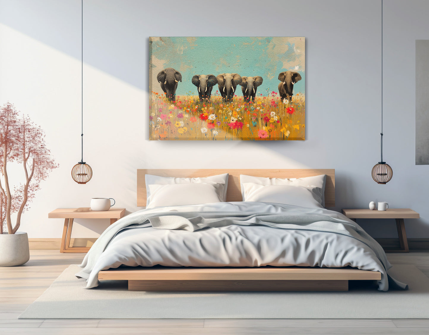Elephant Herd Wildflower African American canvas print displayed as bedroom wall decor