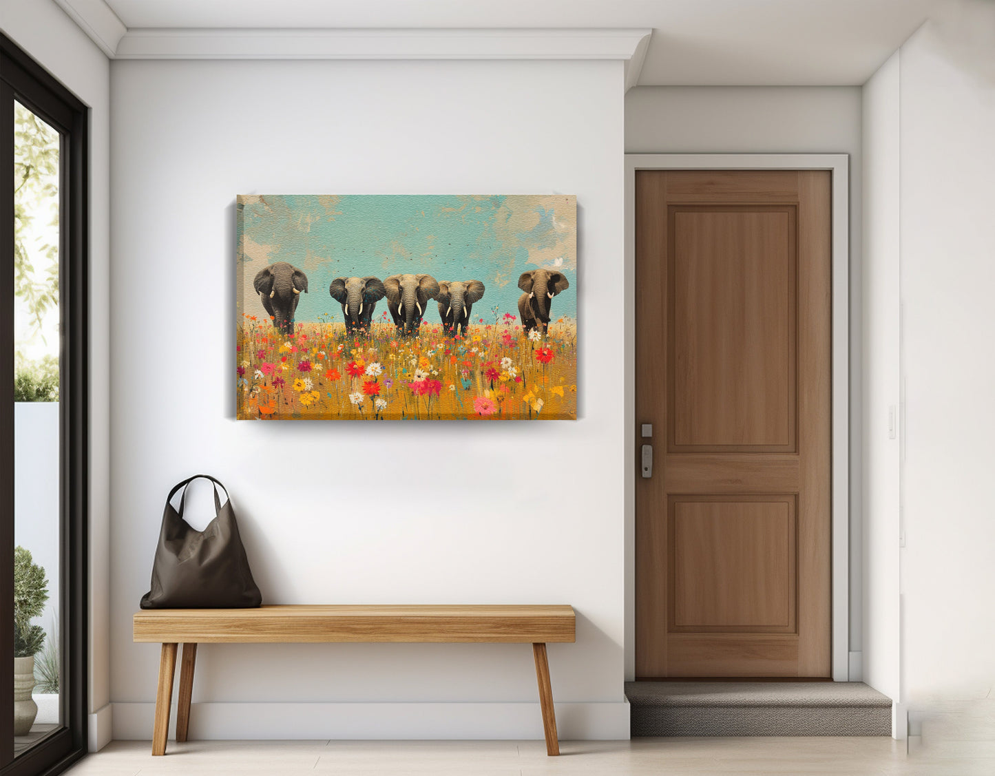 Elephant Herd Wildflower African American canvas print displayed as entryway wall decor