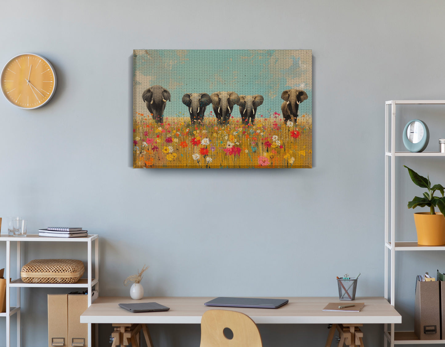 Elephant Herd Wildflower African American canvas print displayed as office wall decor