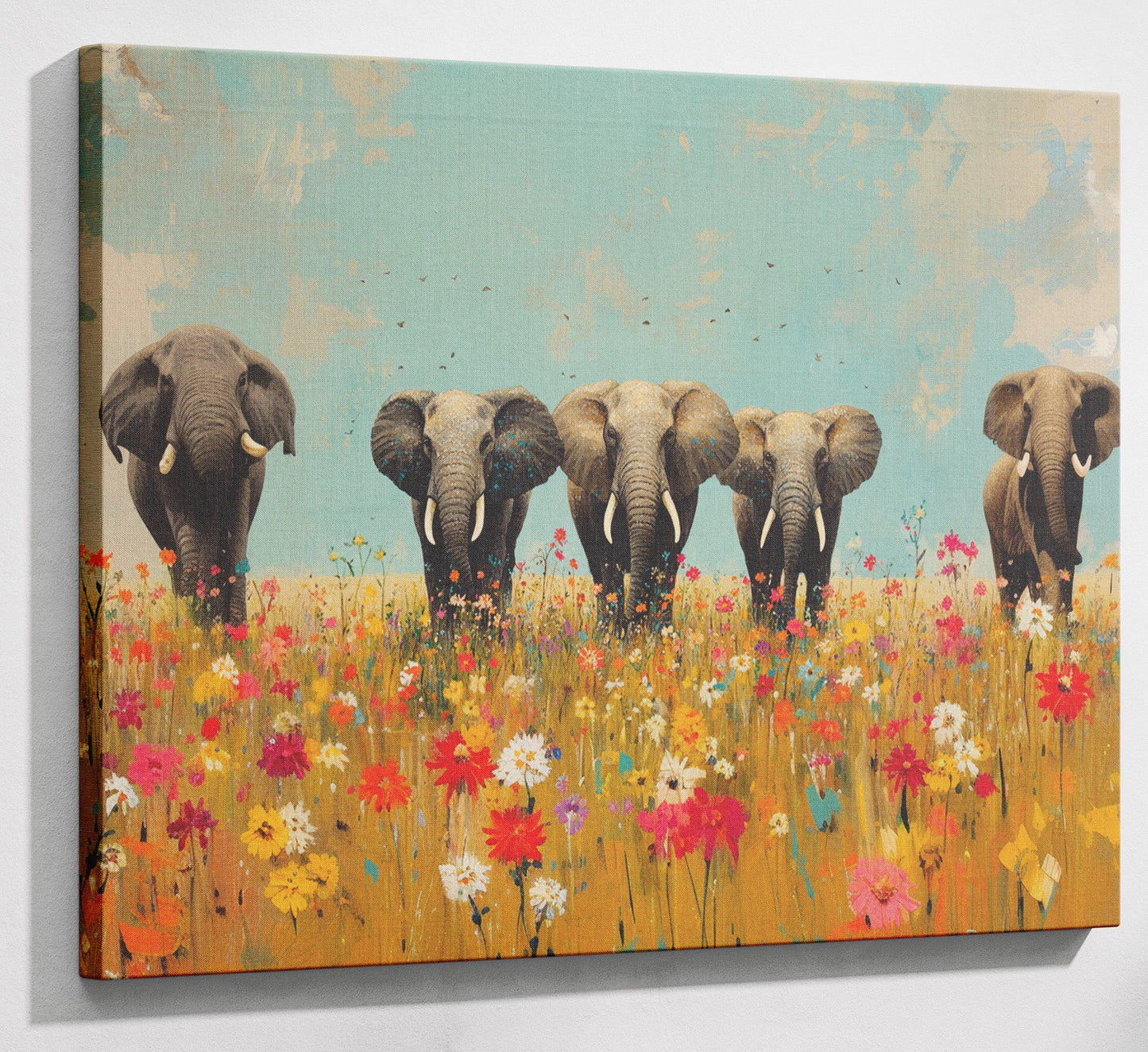 Elephant Herd Wildflower African American canvas print canvas print with visible wall art format