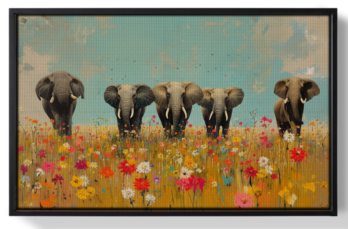 Framed Elephant Herd Wildflower African American canvas print for home decor