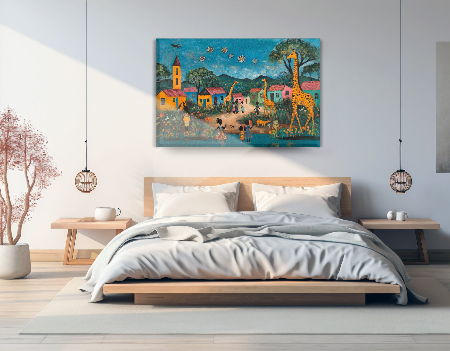 Giraffe Village Folk Black Black culture wall art displayed as bedroom wall decor