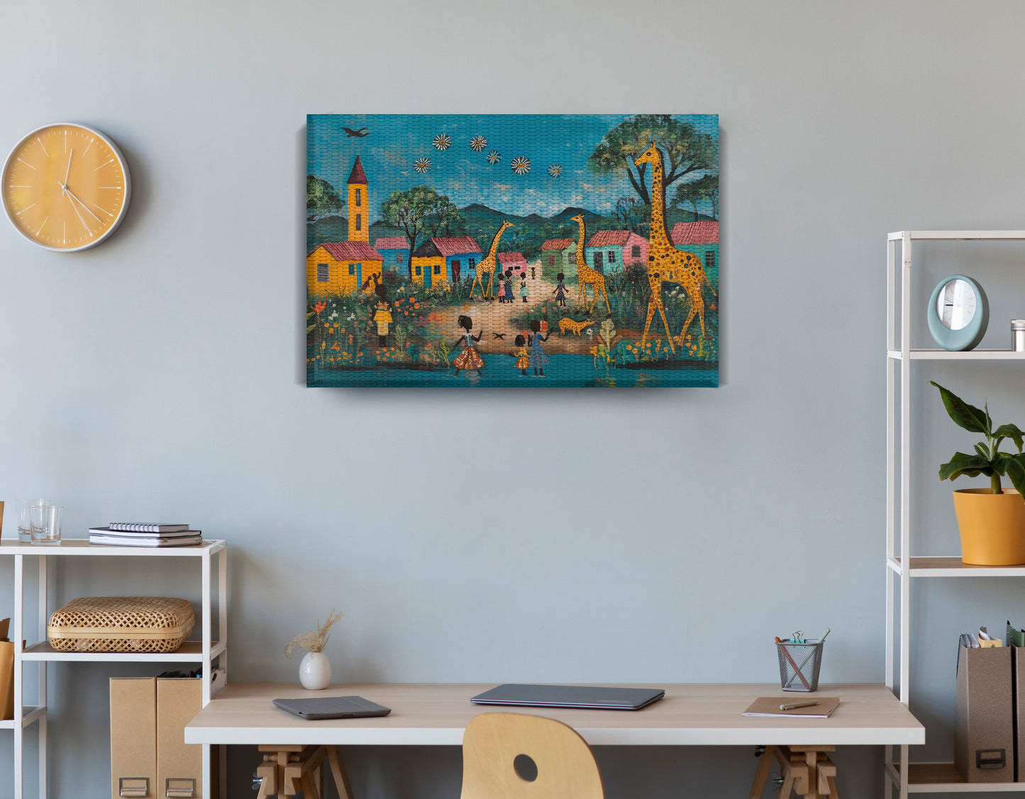 Giraffe Village Folk Black Black culture wall art displayed as office wall decor